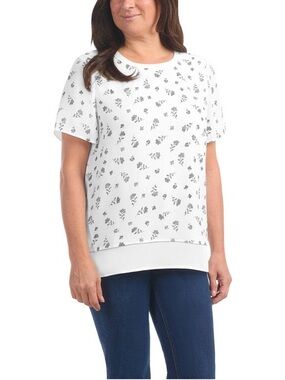 Hillary Radley White Floral Short Sleeve Layered-Hem Blouse